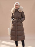 Women's Belted Long Puffer Overcoat with Faux Fur Hood