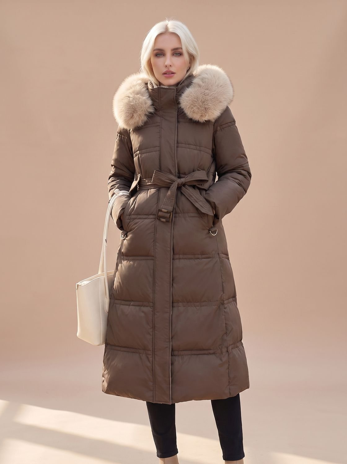 Women's Belted Long Puffer Overcoat with Faux Fur Hood
