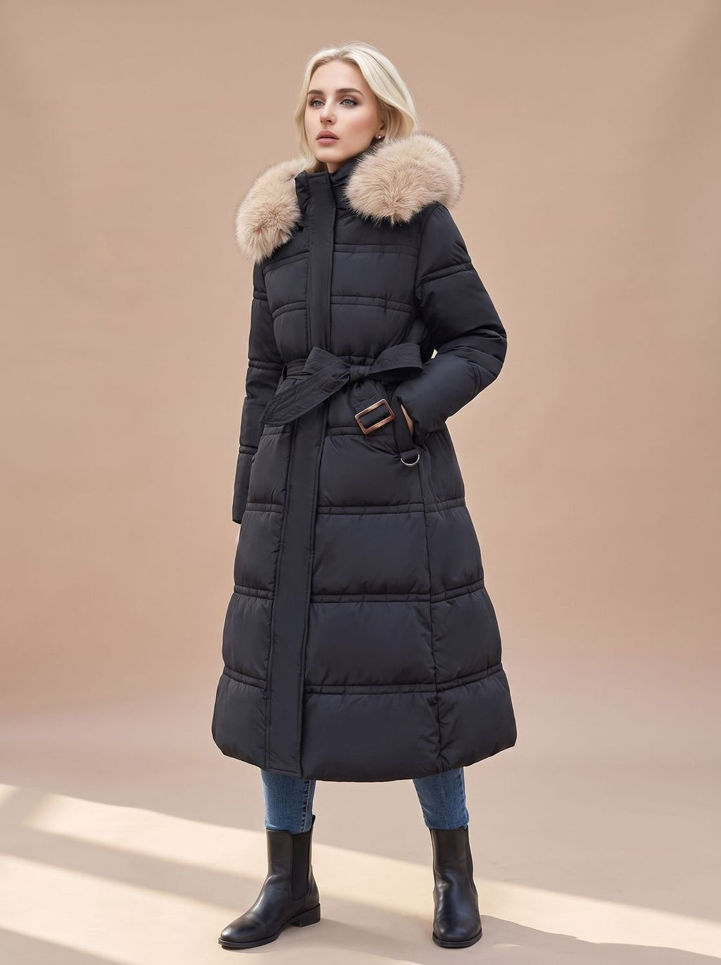 Women's Belted Long Puffer Overcoat with Faux Fur Hood