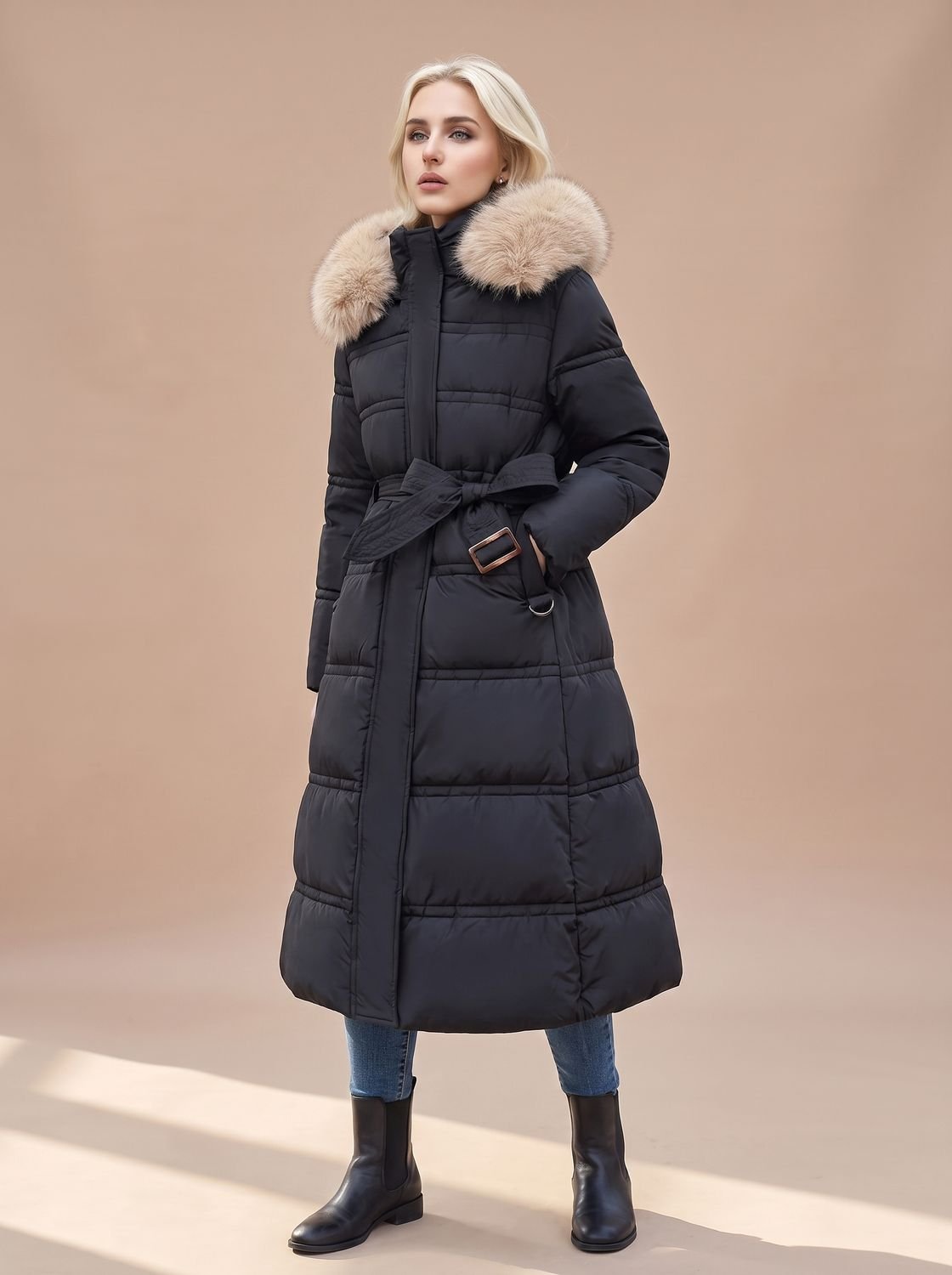 Women's Belted Long Puffer Overcoat with Faux Fur Hood