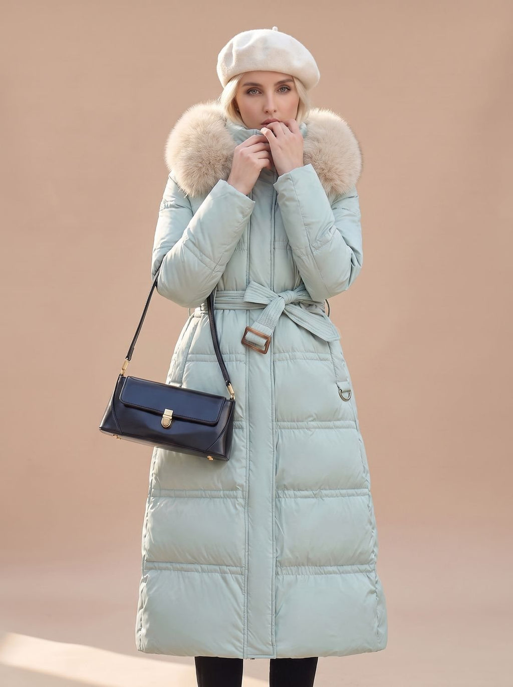 Women's Belted Long Puffer Overcoat with Faux Fur Hood