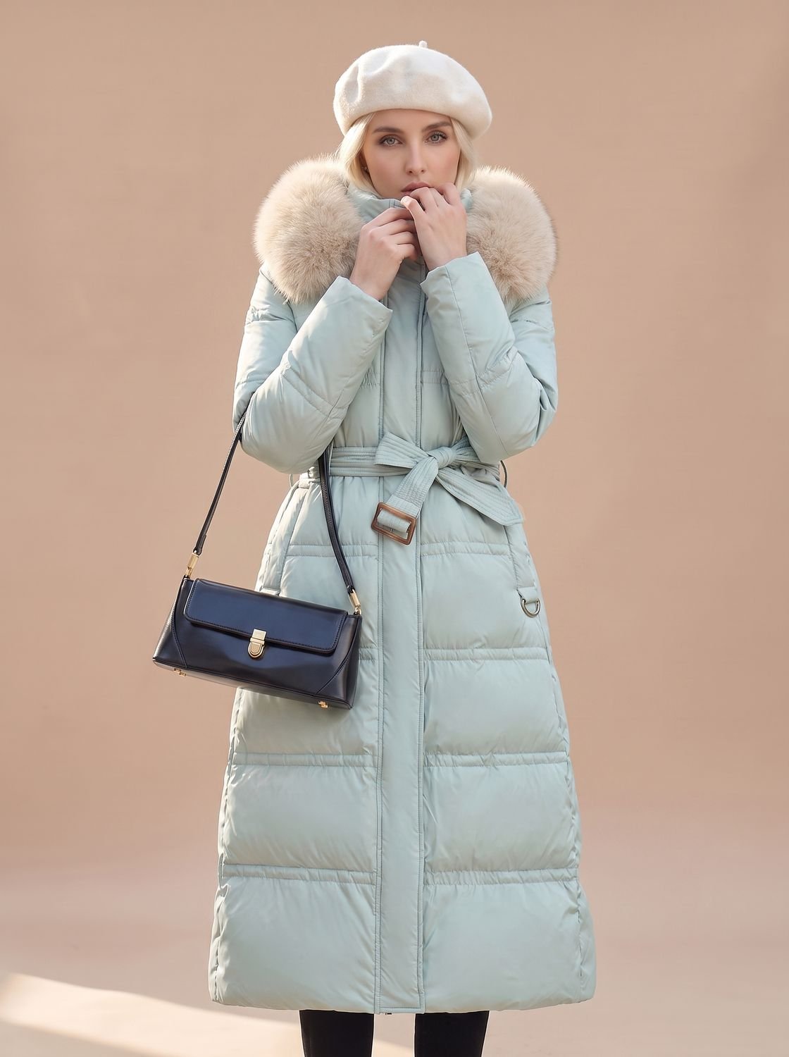Women's Belted Long Puffer Overcoat with Faux Fur Hood