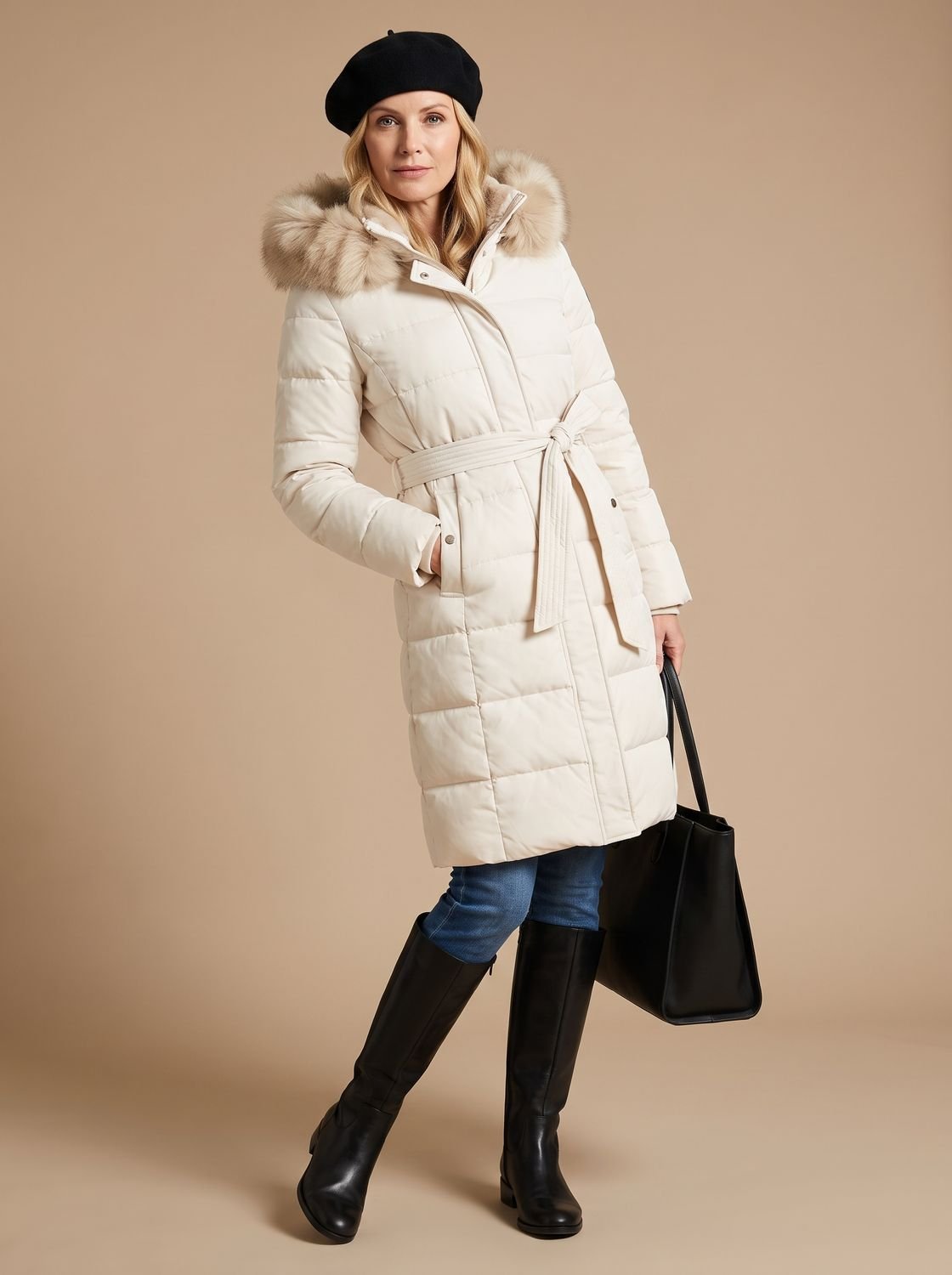 Women's Belted Long Puffer Overcoat with Faux Fur Hood