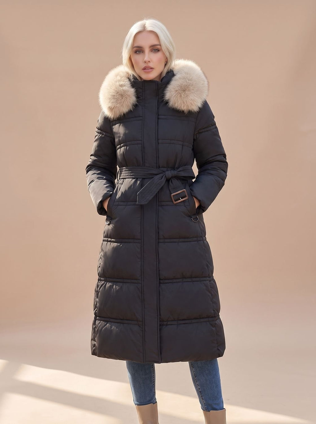 Women's Belted Long Puffer Overcoat with Faux Fur Hood