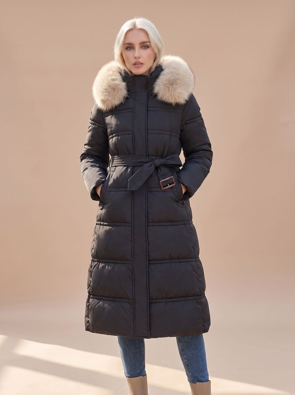 Women's Belted Long Puffer Overcoat with Faux Fur Hood