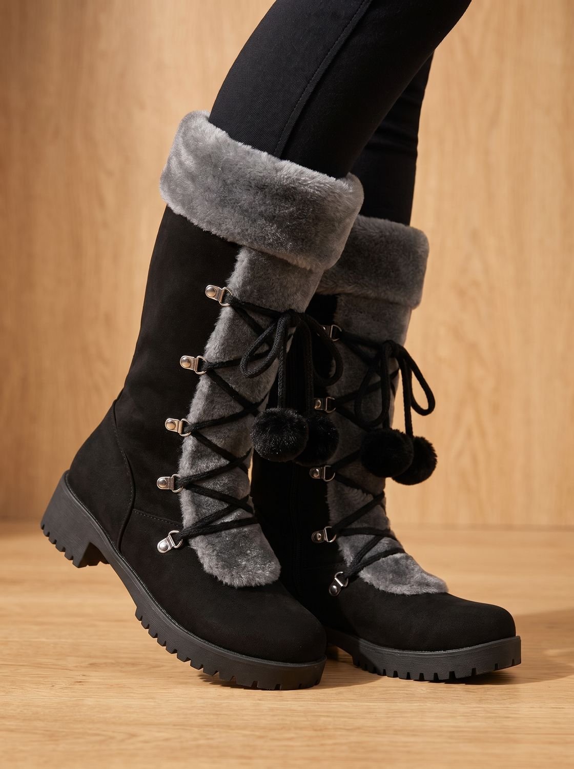 Women's Plush Foldover Cuff Pom-Pom Lace Winter Boots