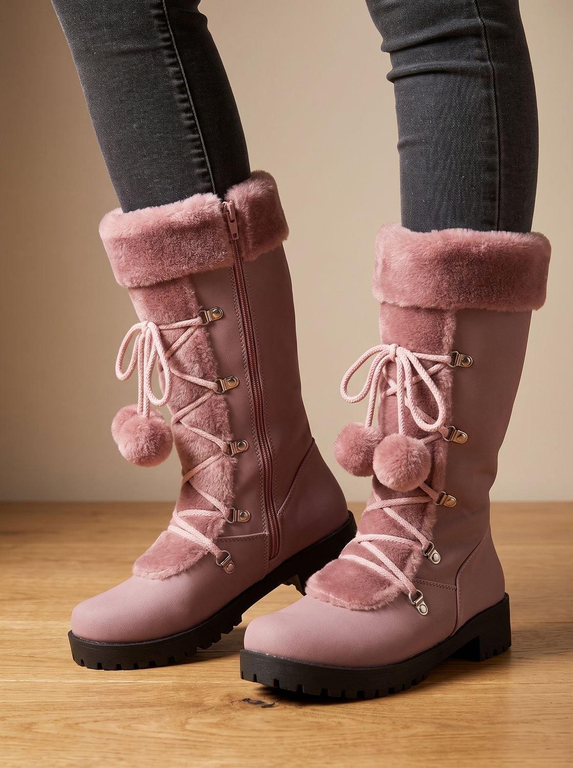 Women's Plush Foldover Cuff Pom-Pom Lace Winter Boots