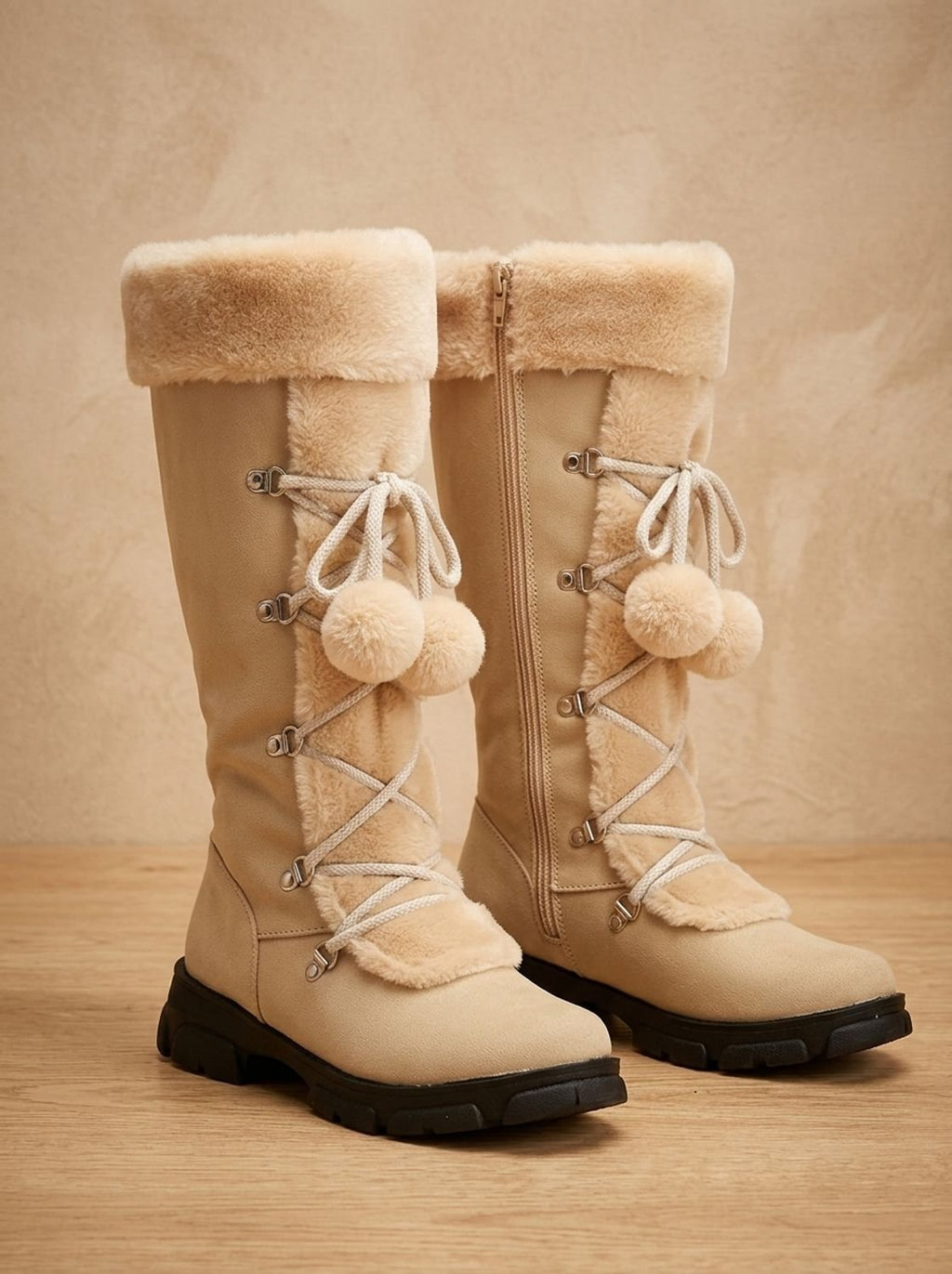 Women's Plush Foldover Cuff Pom-Pom Lace Winter Boots