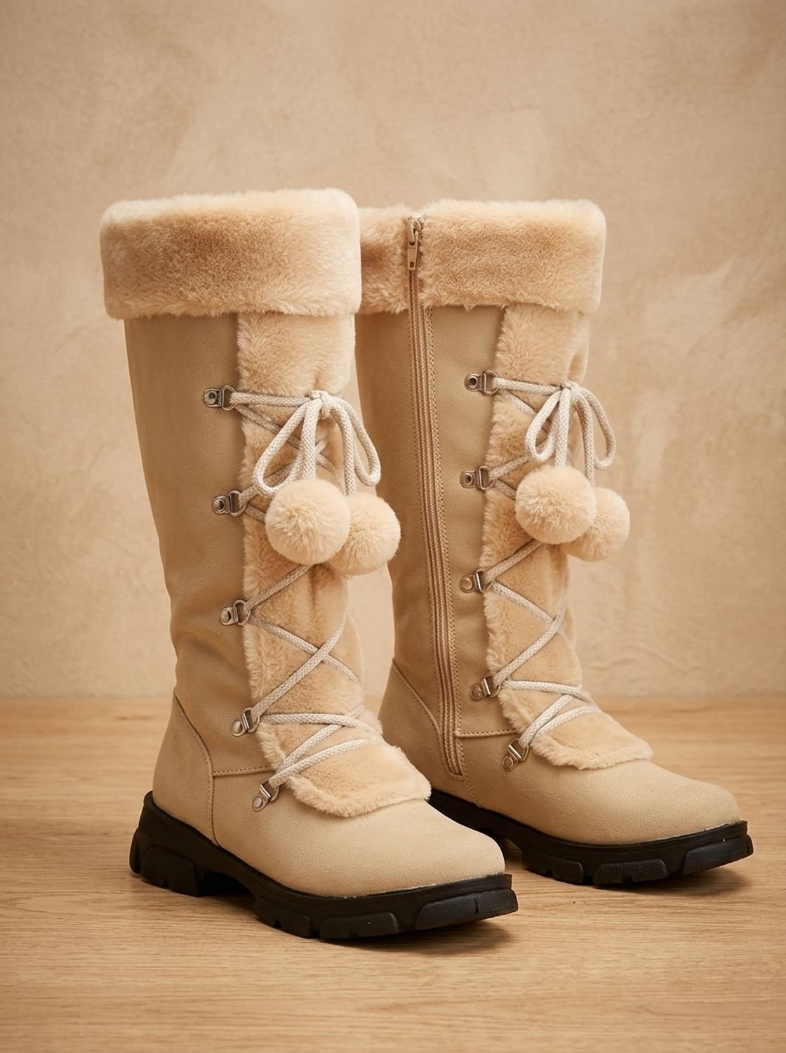 Women's Plush Foldover Cuff Pom-Pom Lace Winter Boots