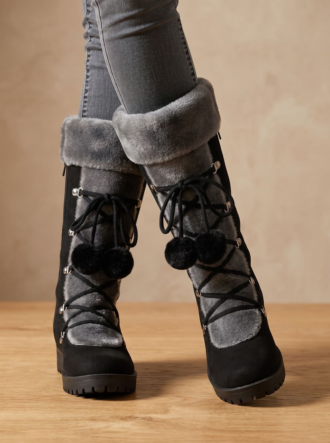 Women's Plush Foldover Cuff Pom-Pom Lace Winter Boots