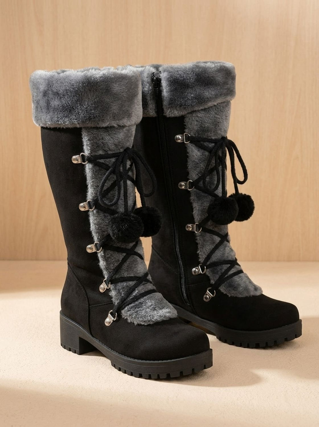 Women's Plush Foldover Cuff Pom-Pom Lace Winter Boots