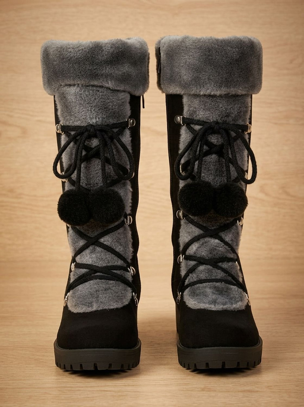 Women's Plush Foldover Cuff Pom-Pom Lace Winter Boots