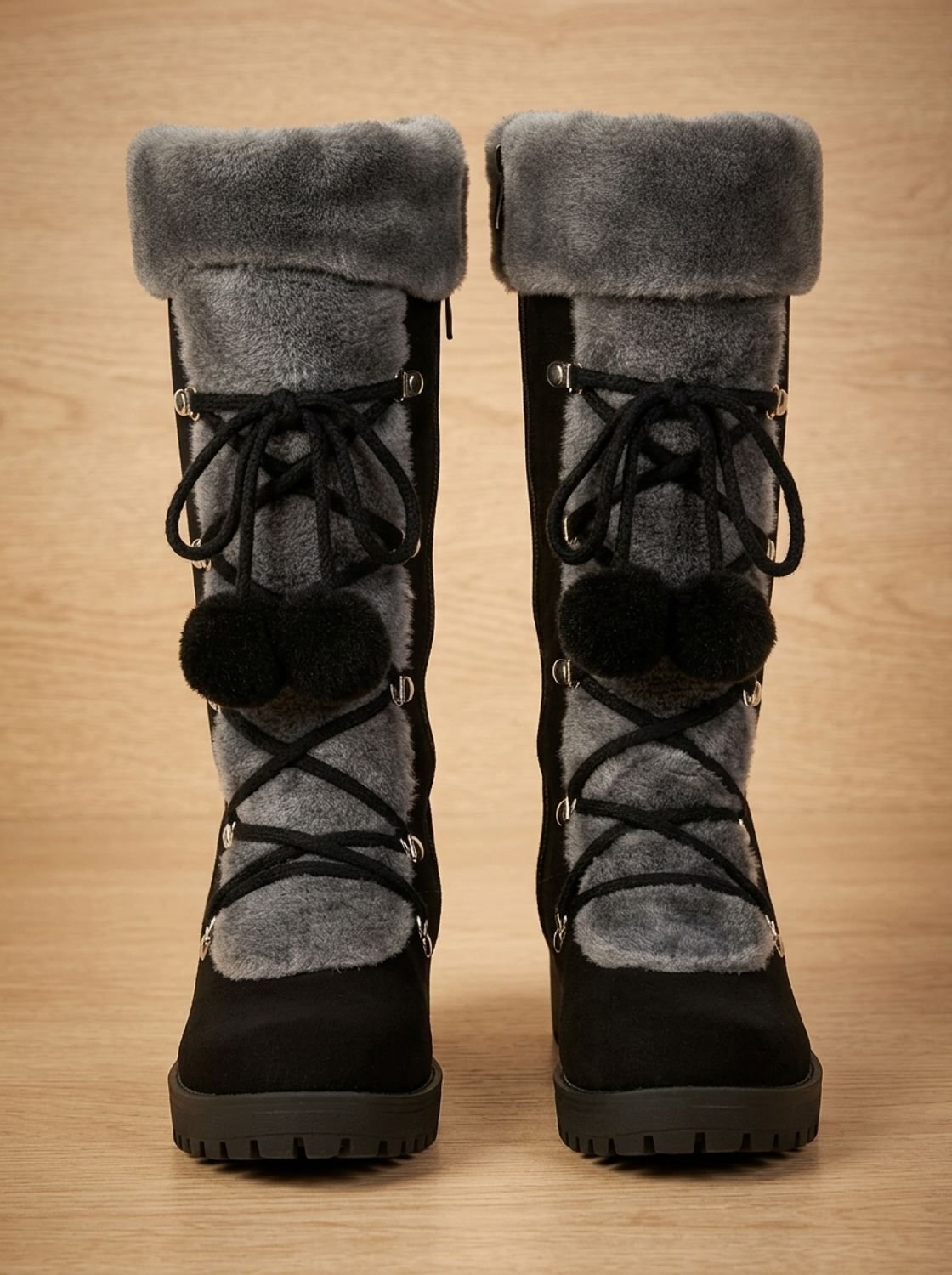 Women's Plush Foldover Cuff Pom-Pom Lace Winter Boots