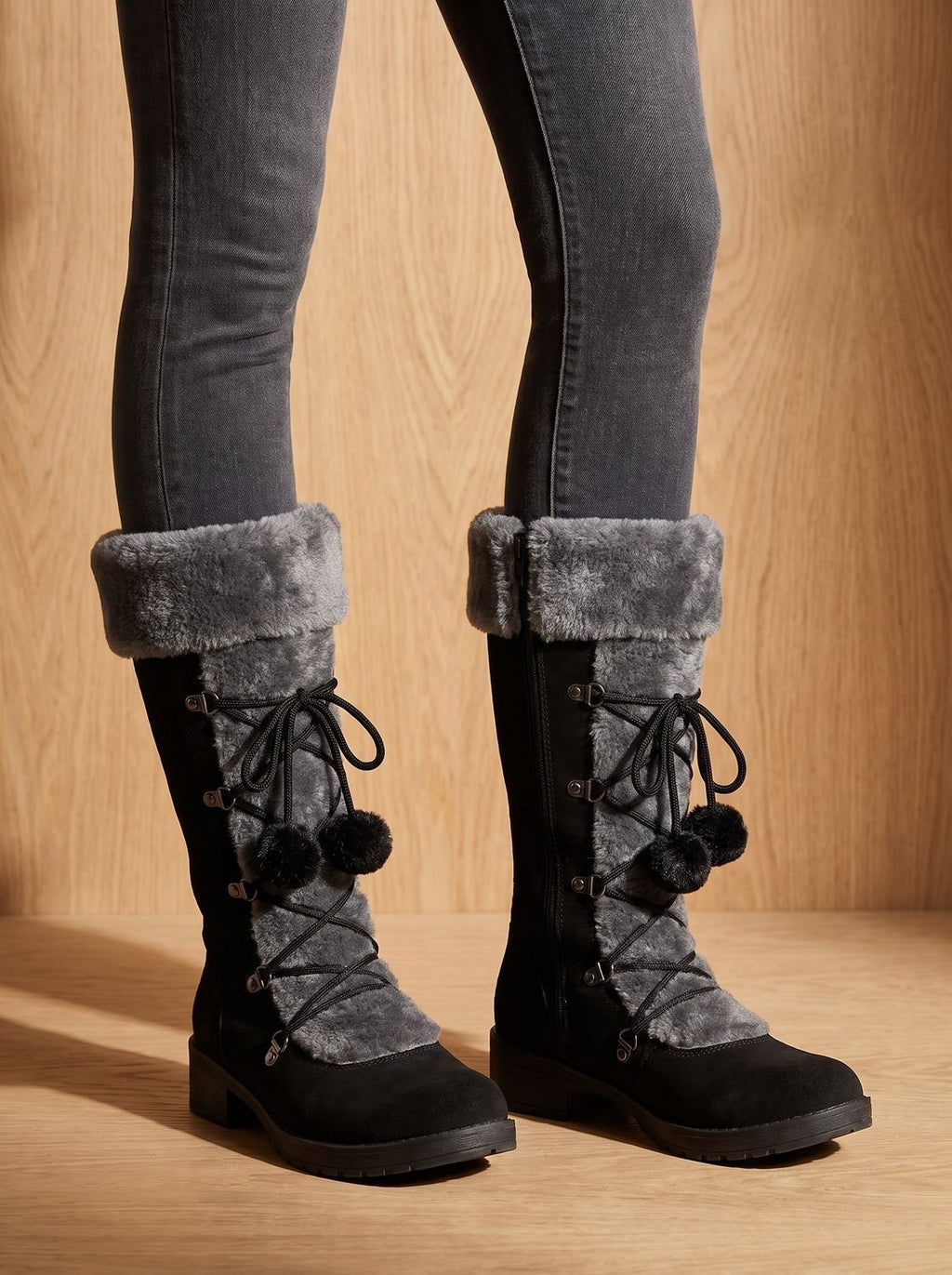 Women's Plush Foldover Cuff Pom-Pom Lace Winter Boots