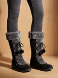 Women's Plush Foldover Cuff Pom-Pom Lace Winter Boots