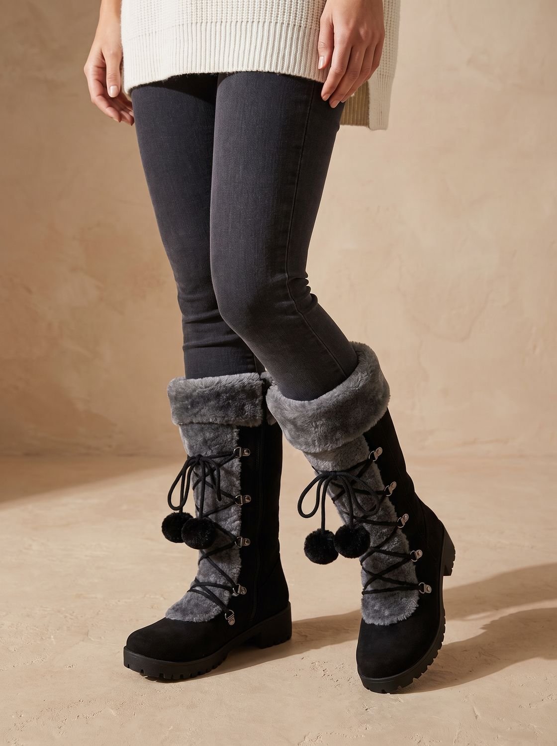Women's Plush Foldover Cuff Pom-Pom Lace Winter Boots