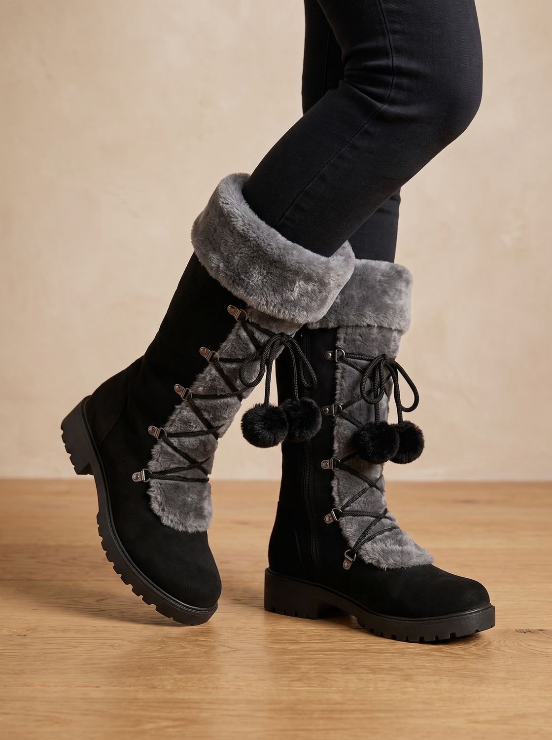 Women's Plush Foldover Cuff Pom-Pom Lace Winter Boots