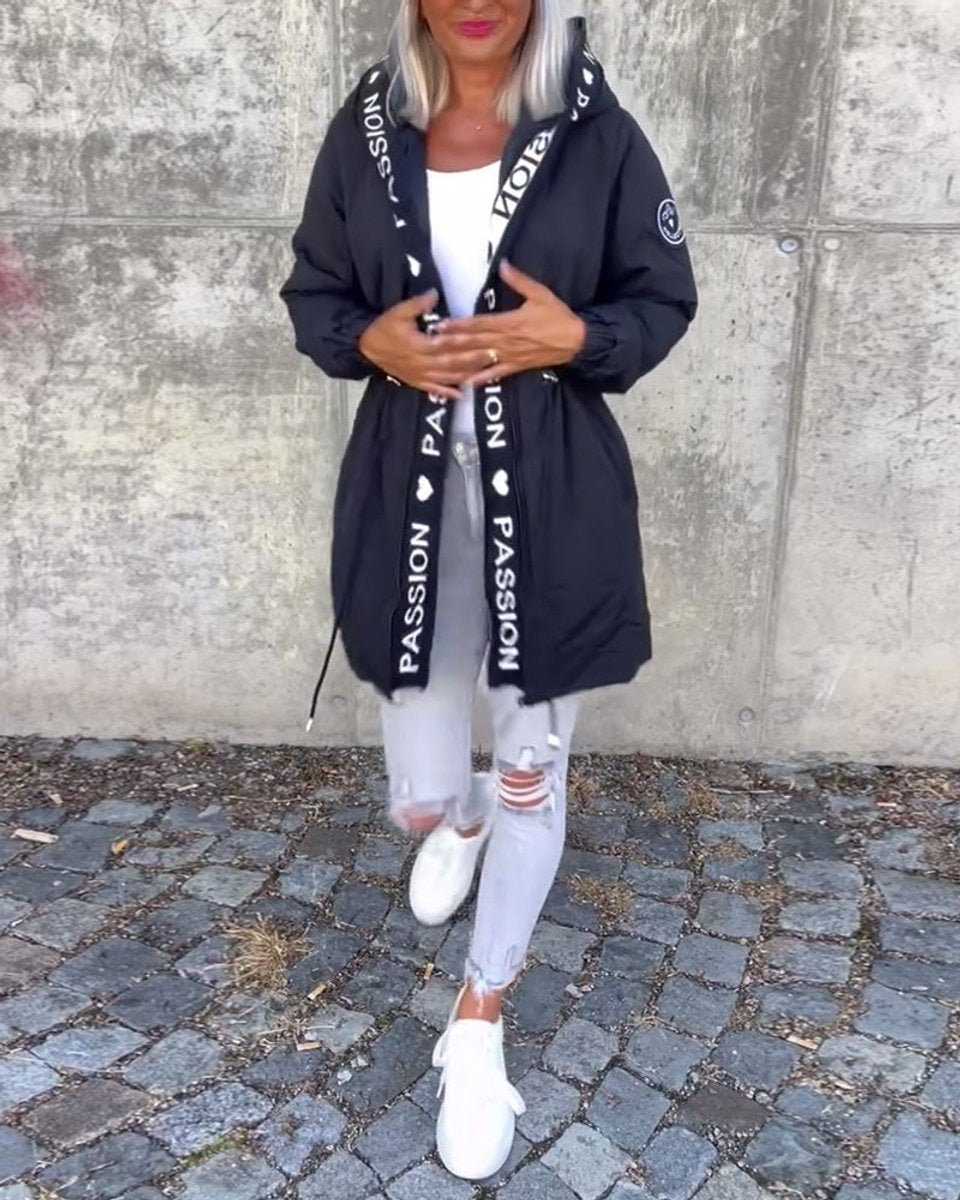 Women's Drawstring Hooded Mid-Length Parka Jacket