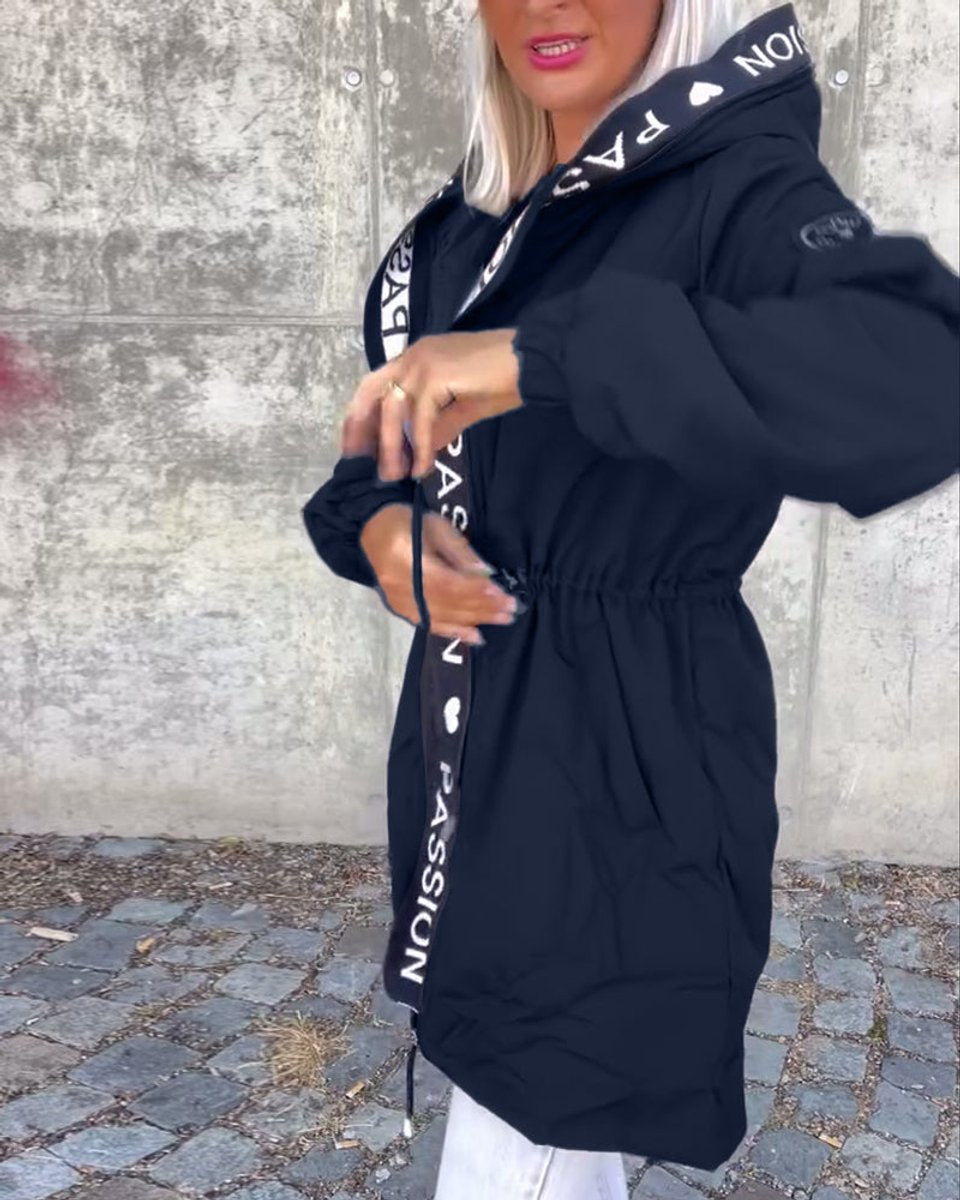 Women's Drawstring Hooded Mid-Length Parka Jacket