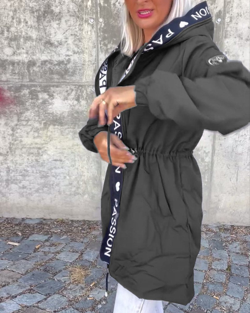 Women's Drawstring Hooded Mid-Length Parka Jacket