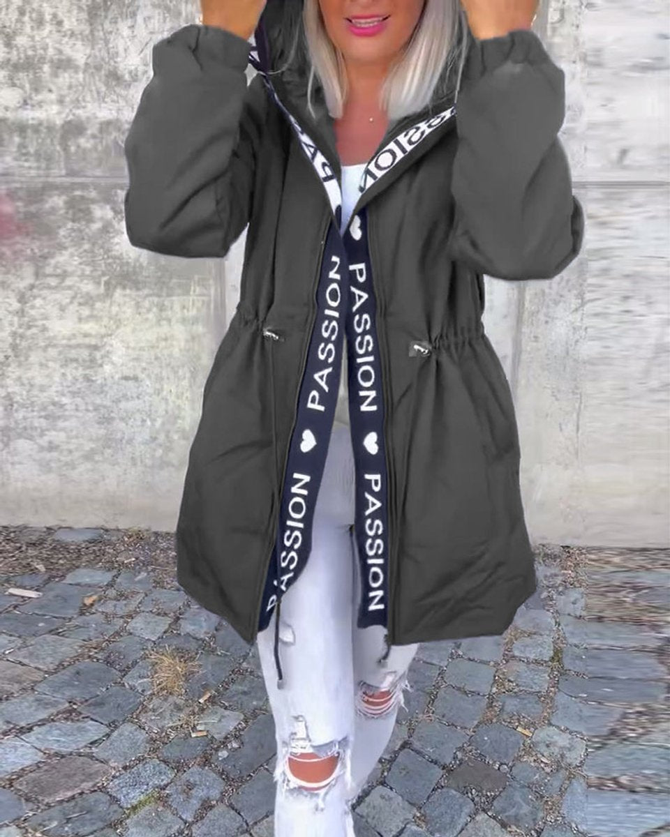 Women's Drawstring Hooded Mid-Length Parka Jacket