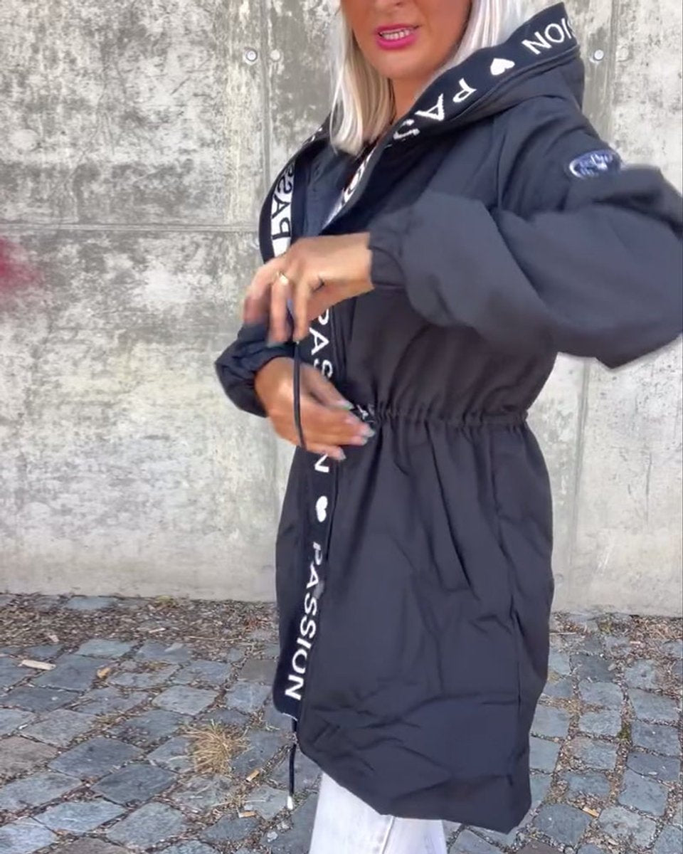 Women's Drawstring Hooded Mid-Length Parka Jacket