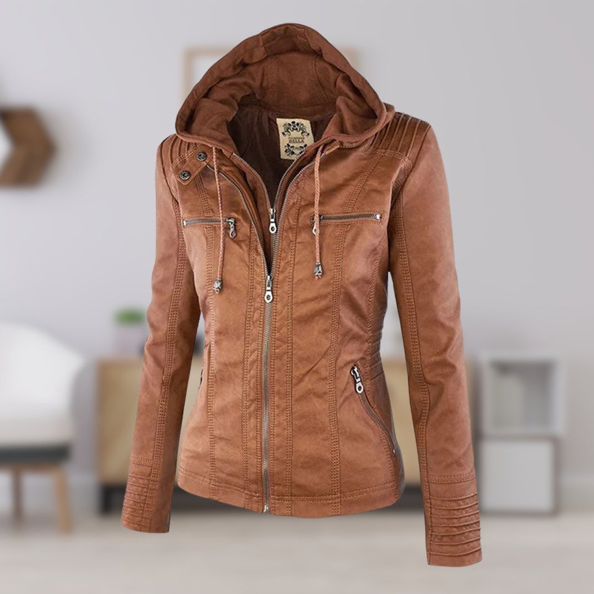 Women's Zip-Off Hood Vegan Leather Biker Coat