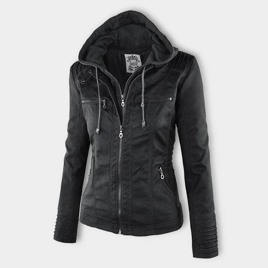 Women's Zip-Off Hood Vegan Leather Biker Coat