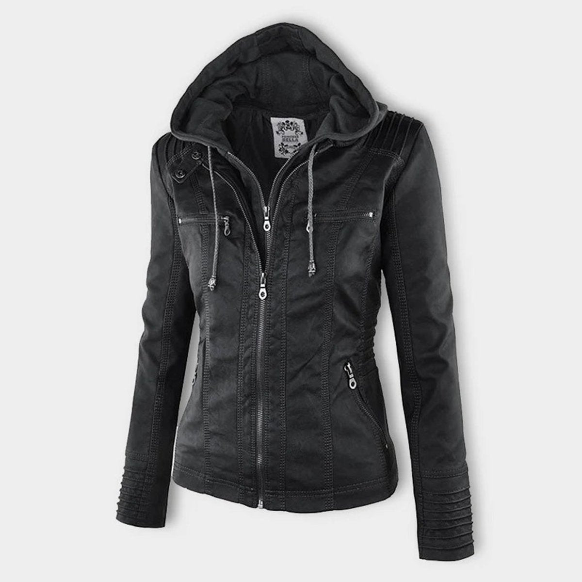 Women's Zip-Off Hood Vegan Leather Biker Coat