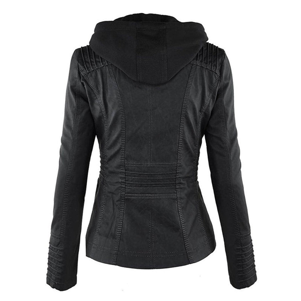 Women's Zip-Off Hood Vegan Leather Biker Coat