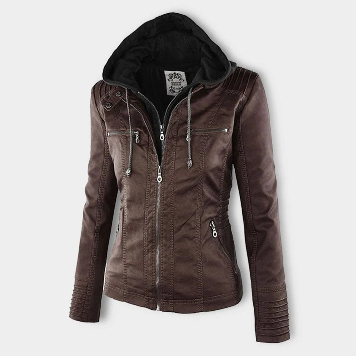 Women's Zip-Off Hood Vegan Leather Biker Coat