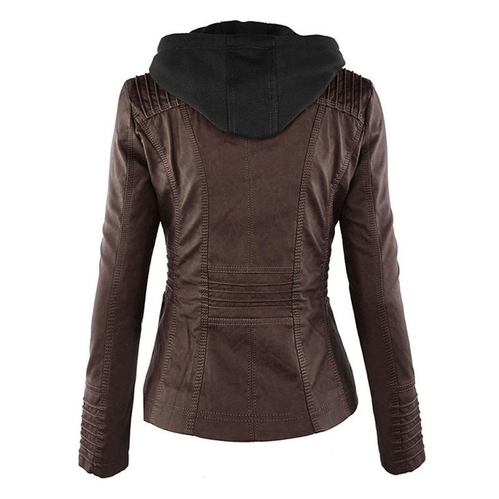 Women's Zip-Off Hood Vegan Leather Biker Coat