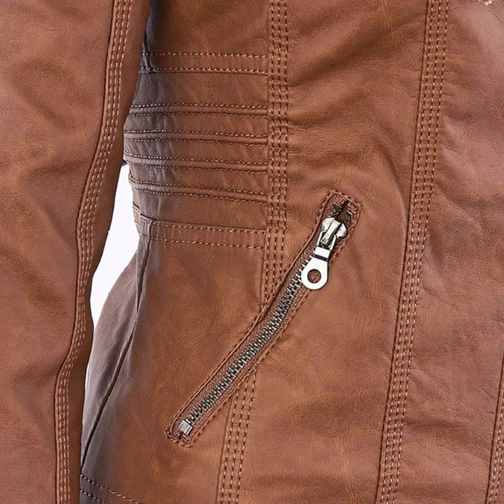 Women's Zip-Off Hood Vegan Leather Biker Coat
