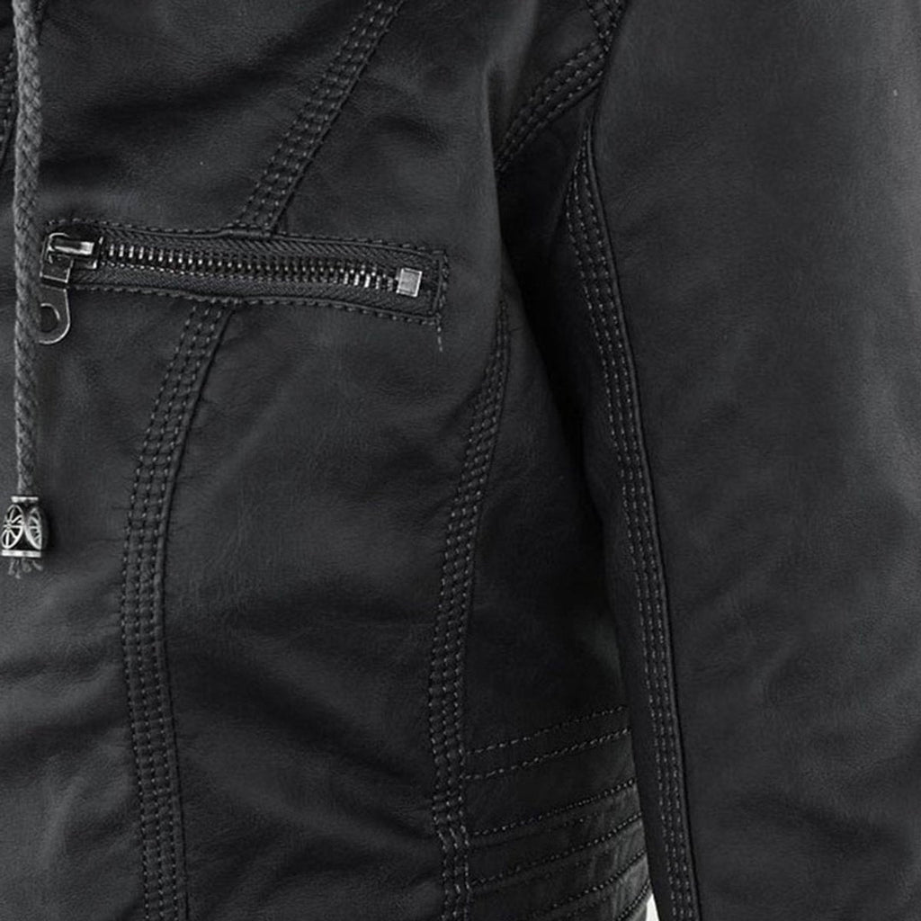 Women's Zip-Off Hood Vegan Leather Biker Coat