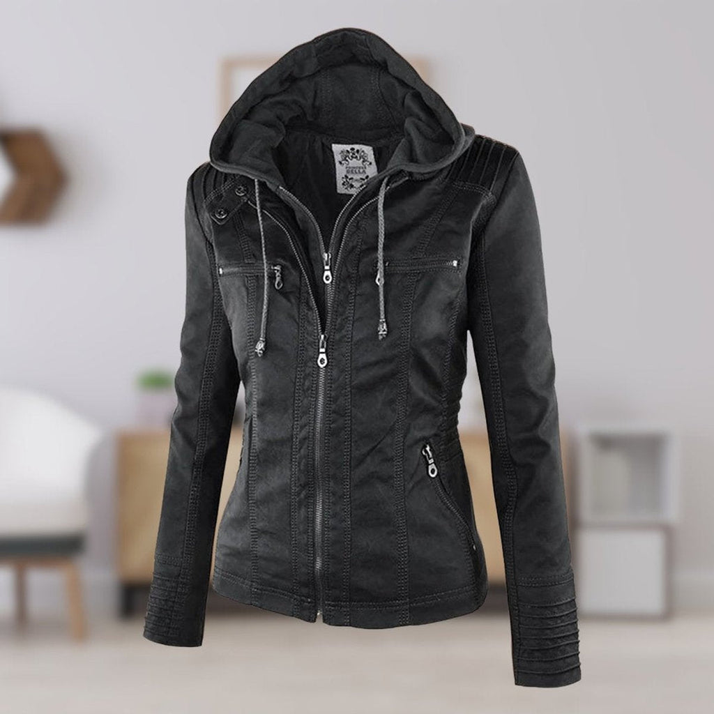 Women's Zip-Off Hood Vegan Leather Biker Coat