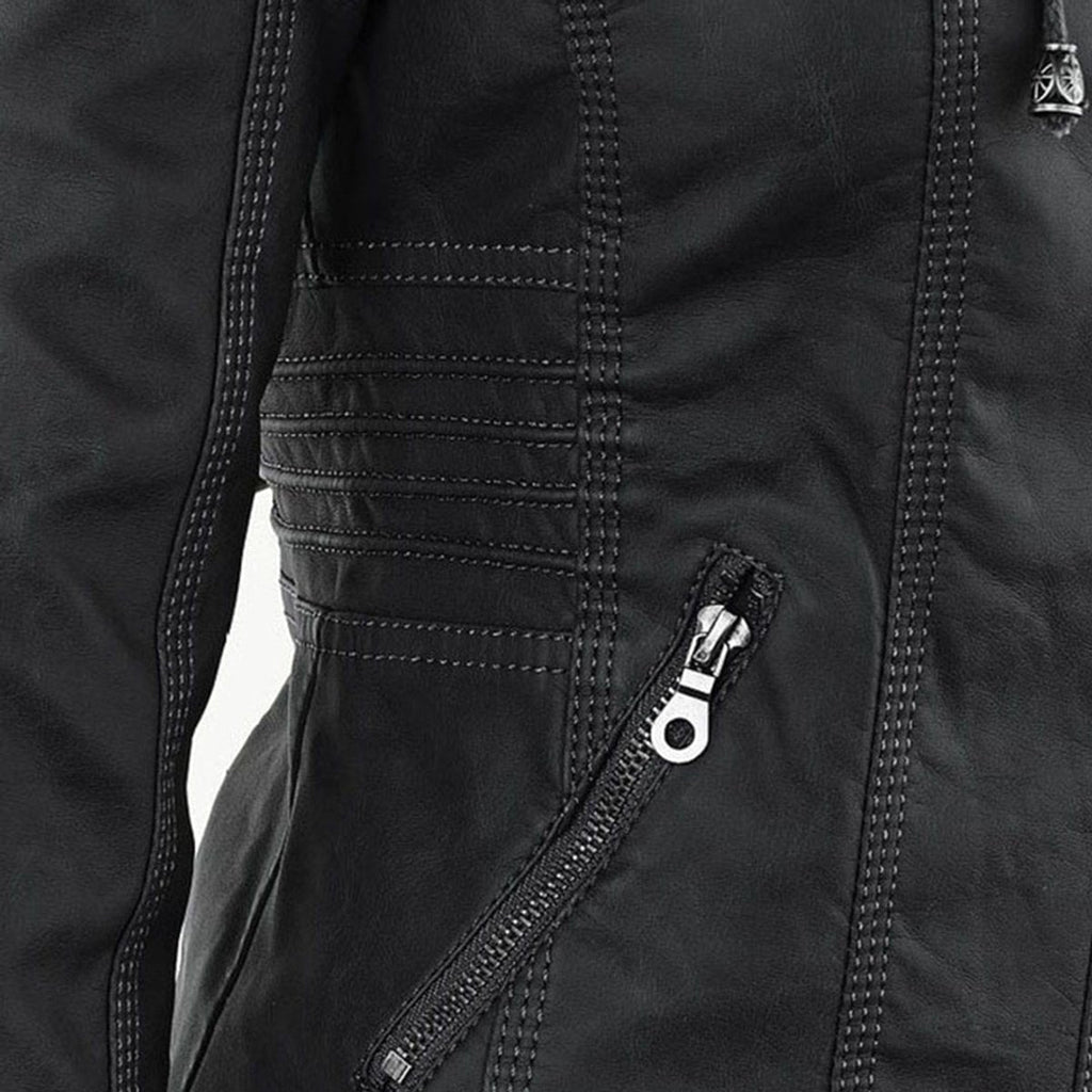 Women's Zip-Off Hood Vegan Leather Biker Coat