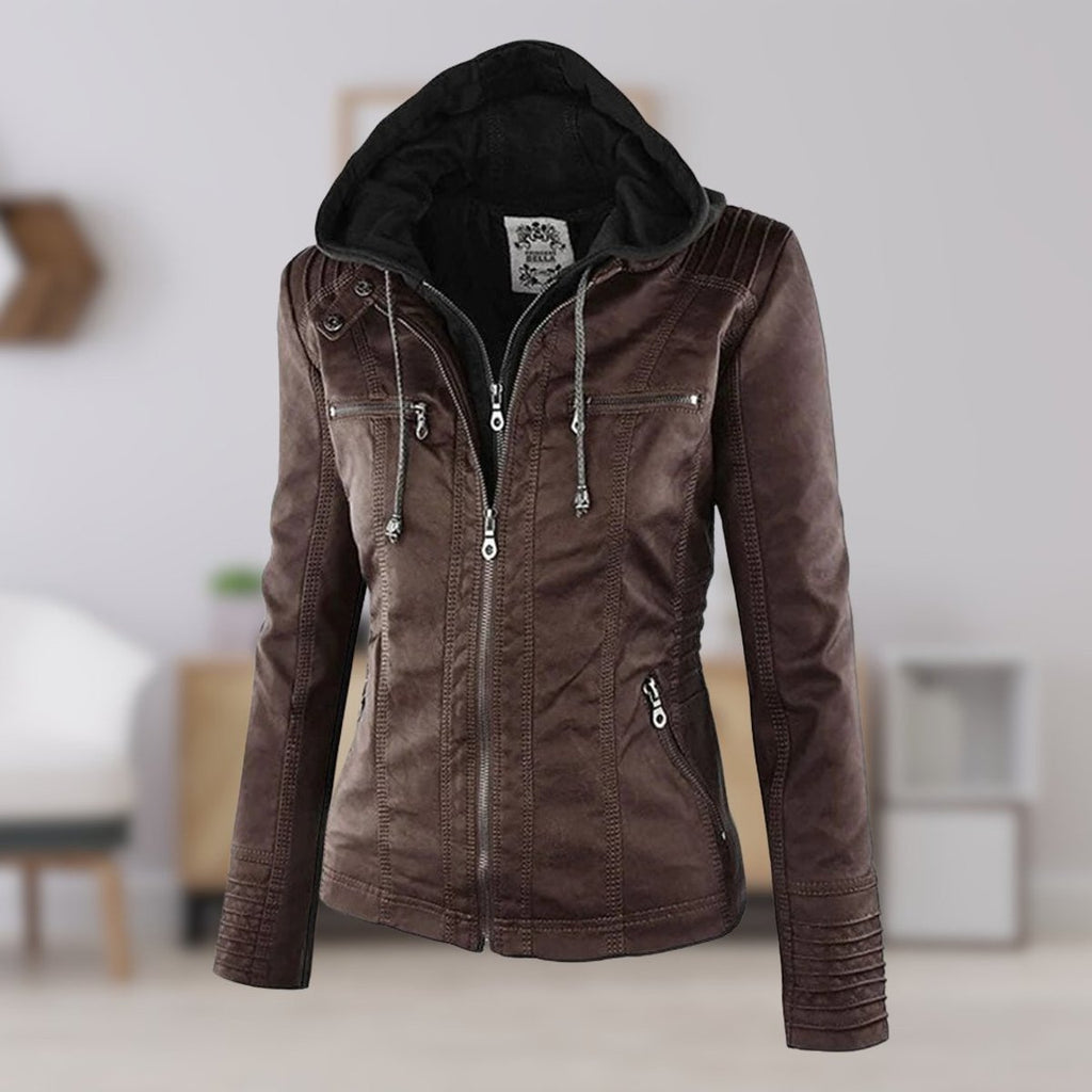 Women's Zip-Off Hood Vegan Leather Biker Coat