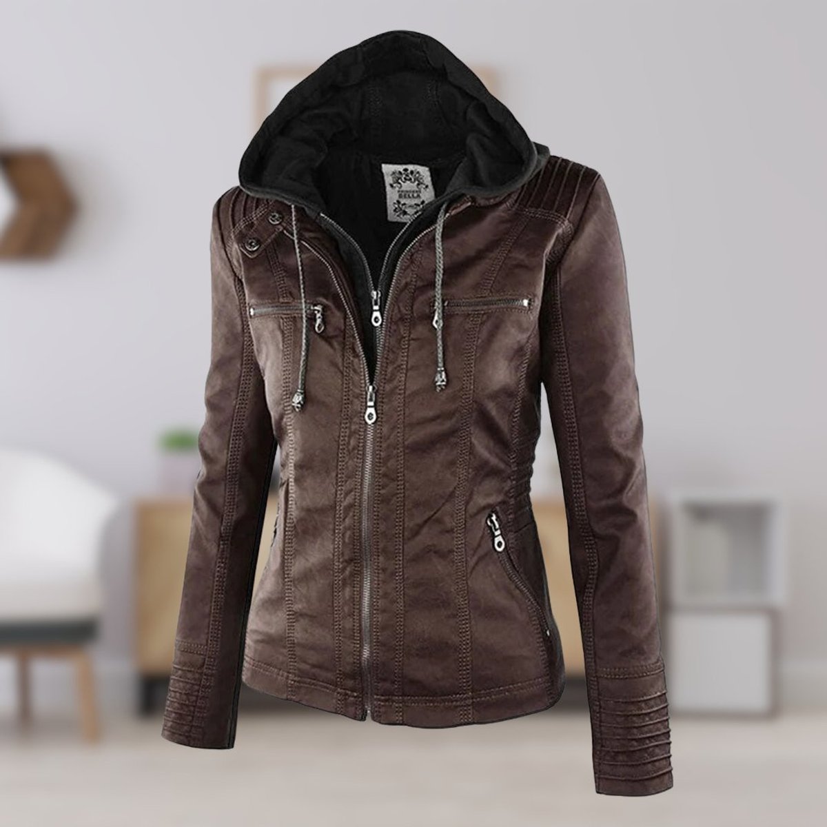 Women's Zip-Off Hood Vegan Leather Biker Coat