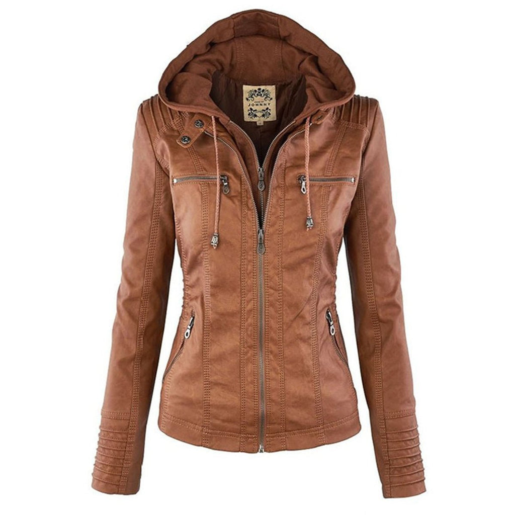 Women's Zip-Off Hood Vegan Leather Biker Coat