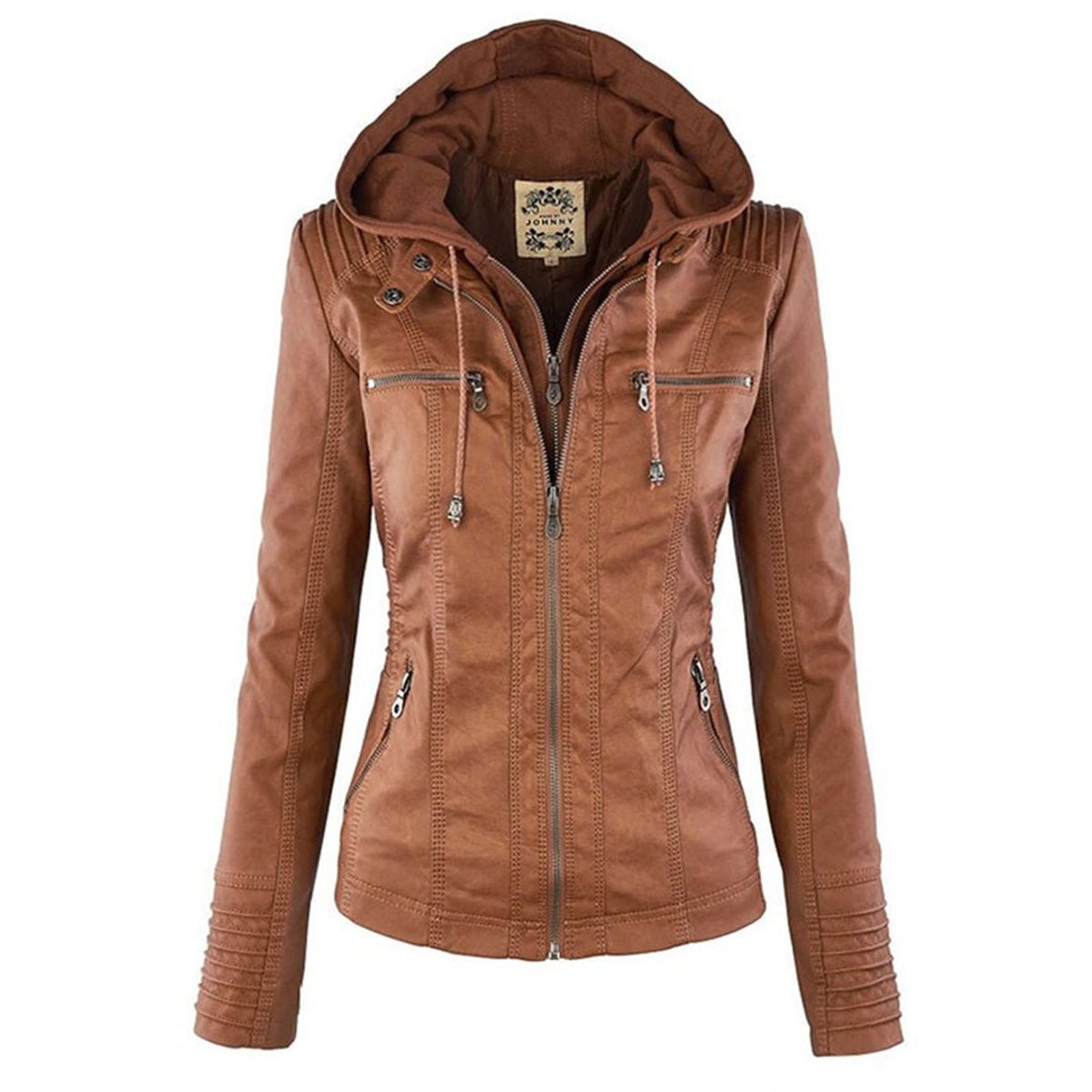 Women's Zip-Off Hood Vegan Leather Biker Coat