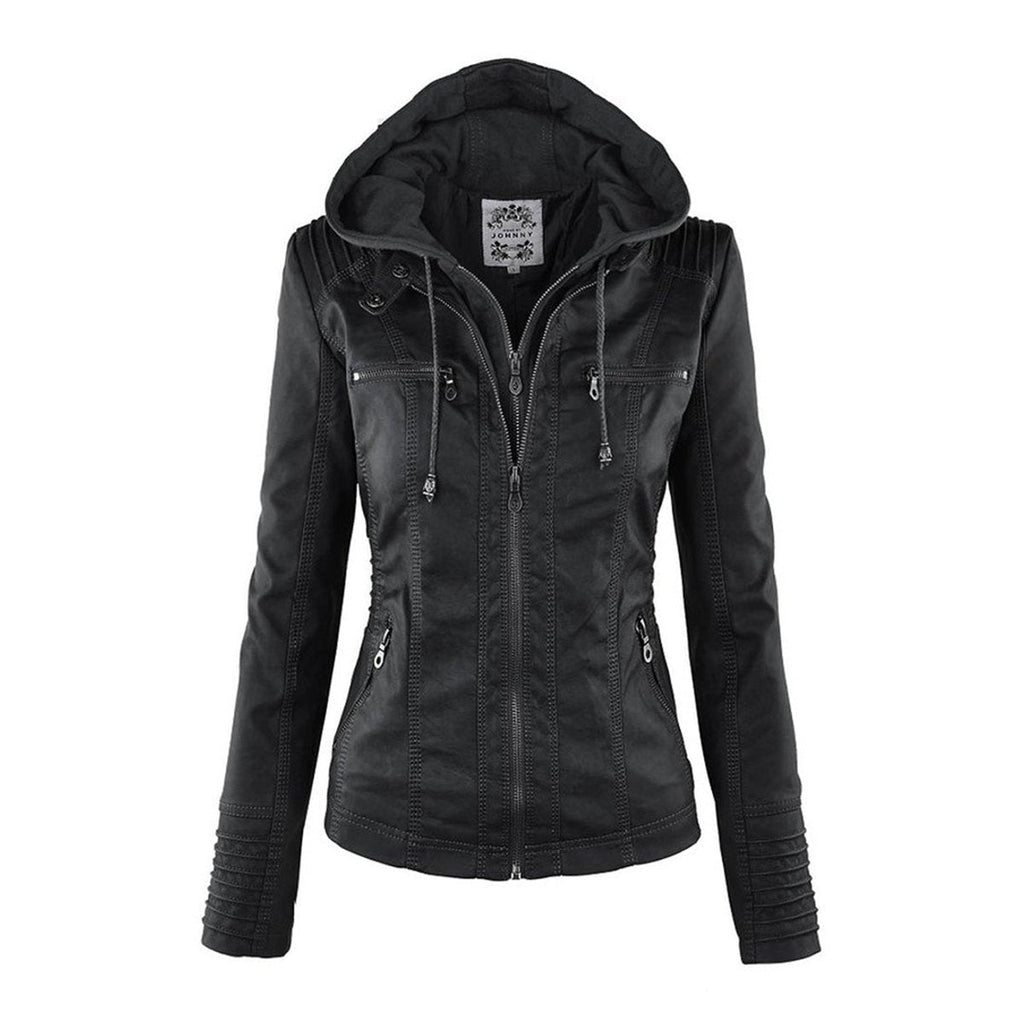 Women's Zip-Off Hood Vegan Leather Biker Coat