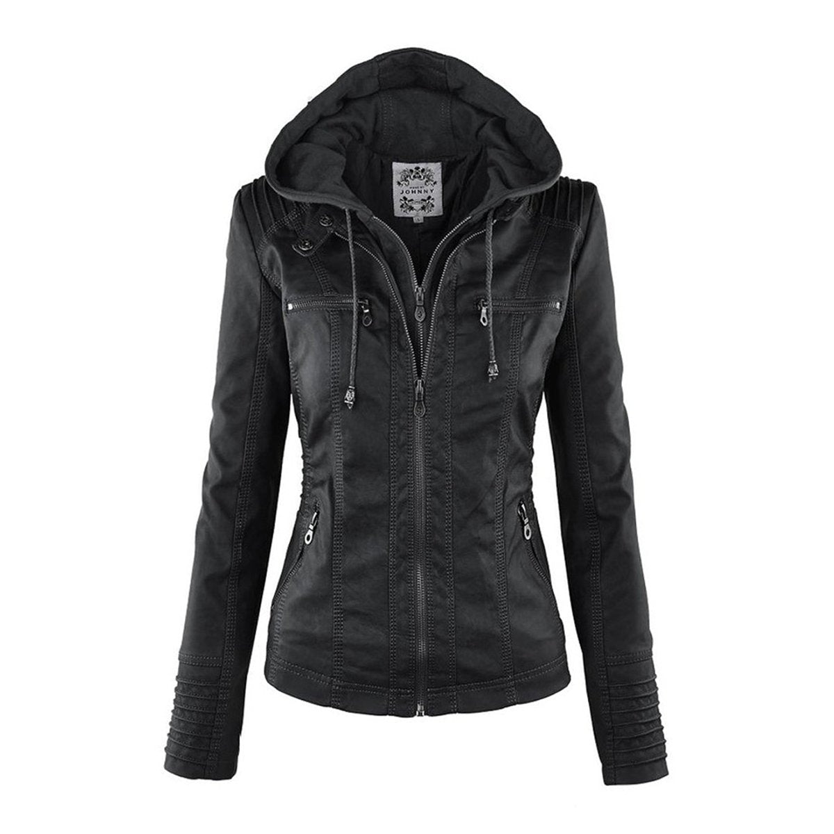 Women's Zip-Off Hood Vegan Leather Biker Coat