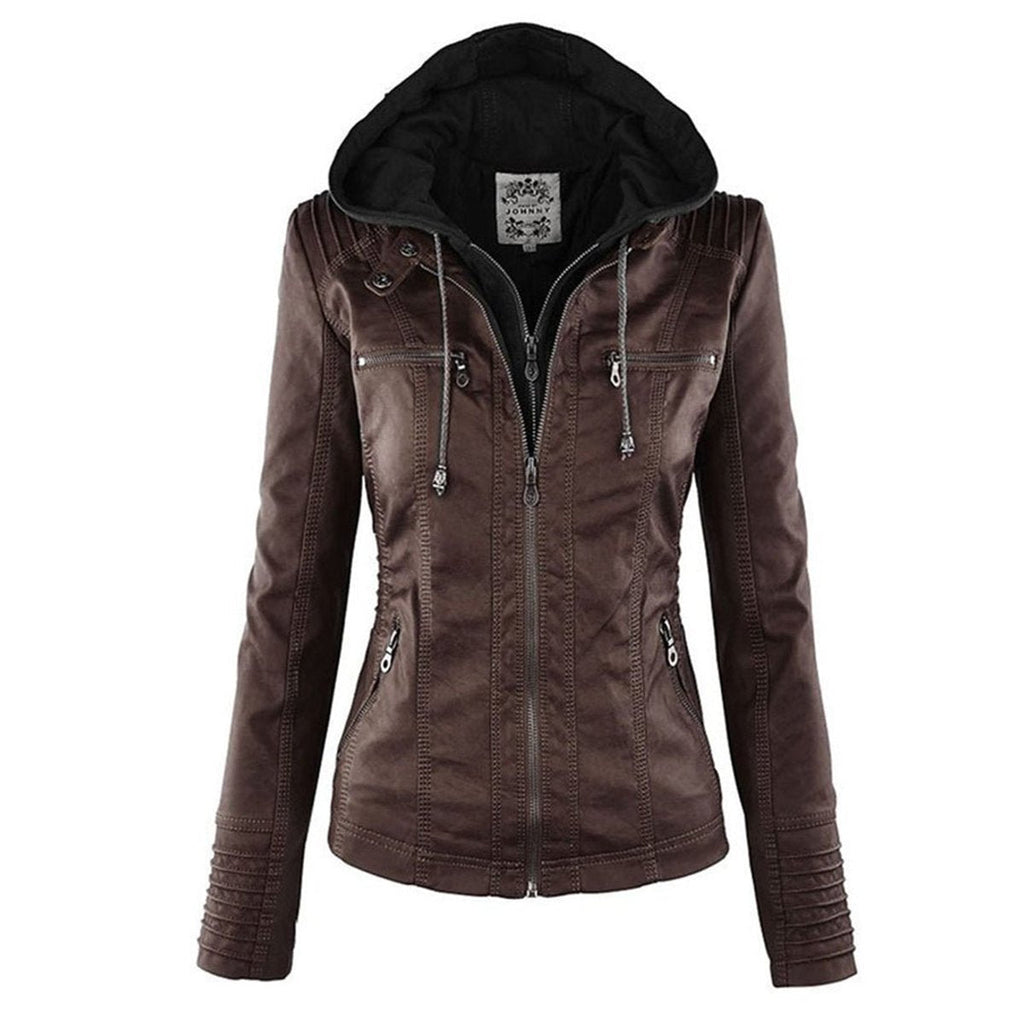 Women's Zip-Off Hood Vegan Leather Biker Coat