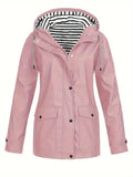 Women's Striped Lining Hooded Rainproof Zip Coat