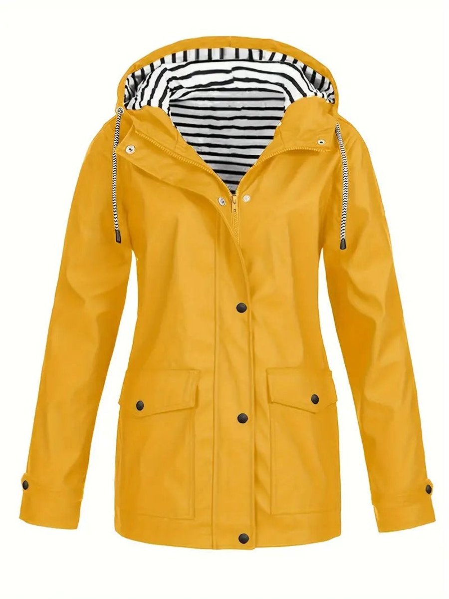 Women's Striped Lining Hooded Rainproof Zip Coat