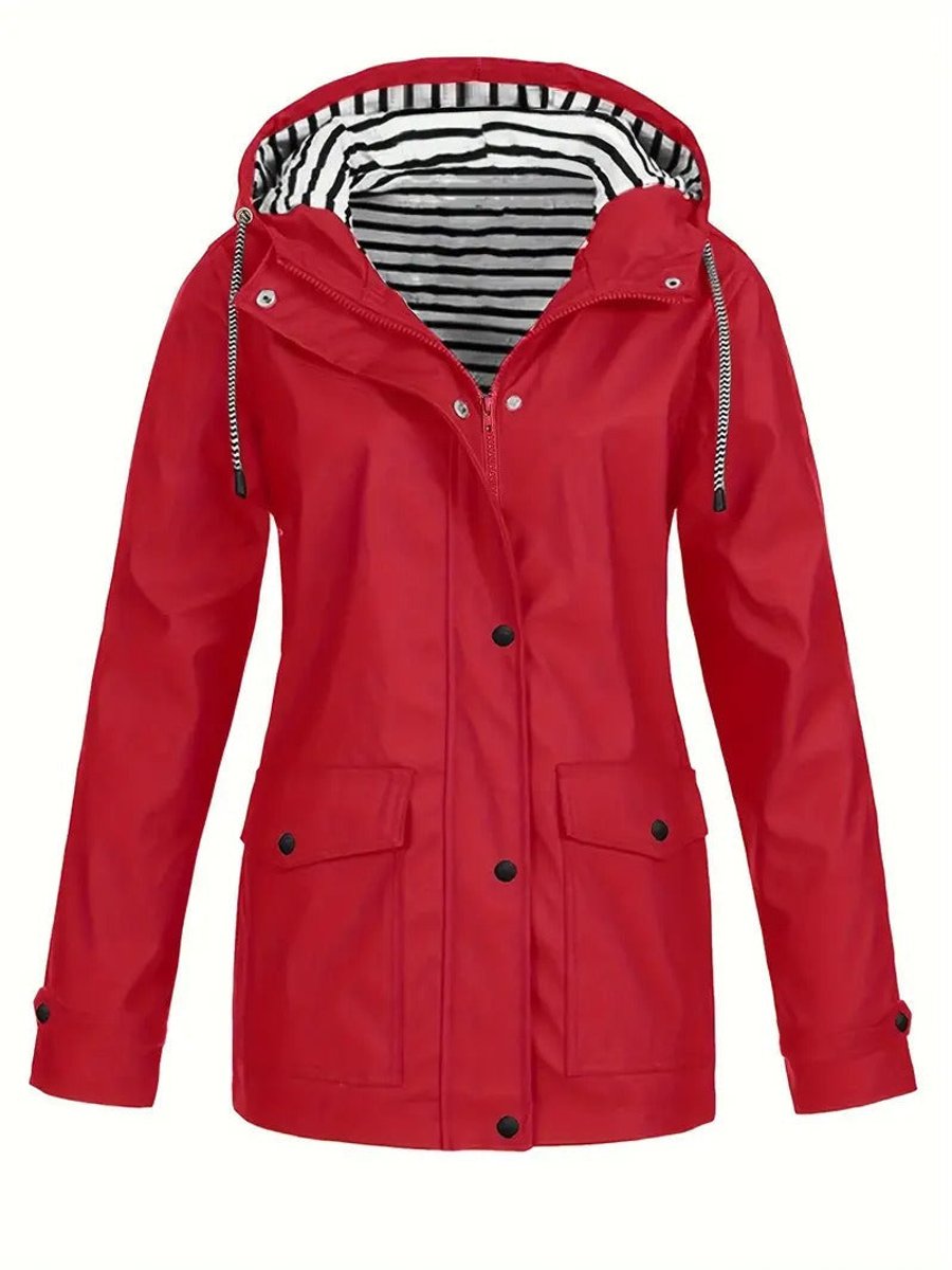 Women's Striped Lining Hooded Rainproof Zip Coat