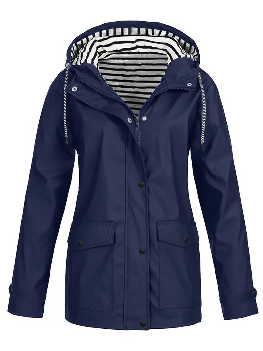 Women's Striped Lining Hooded Rainproof Zip Coat
