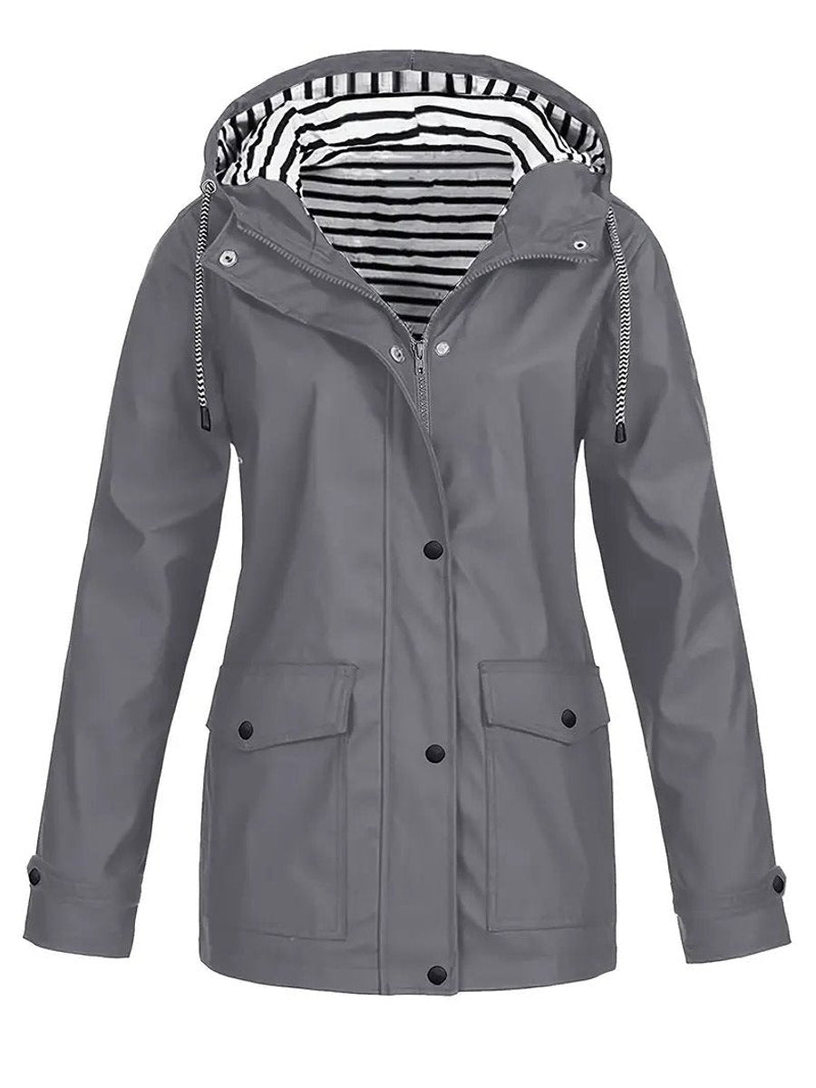 Women's Striped Lining Hooded Rainproof Zip Coat