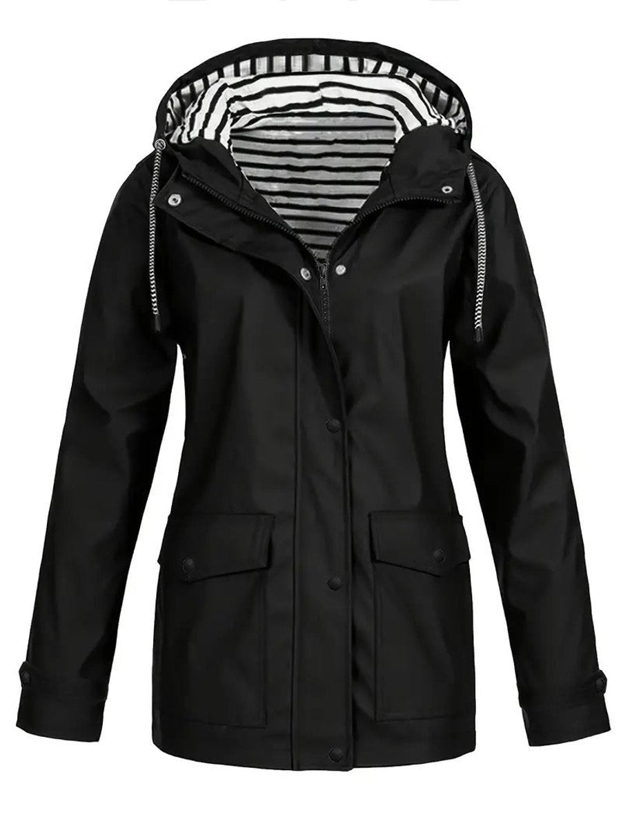 Women's Striped Lining Hooded Rainproof Zip Coat