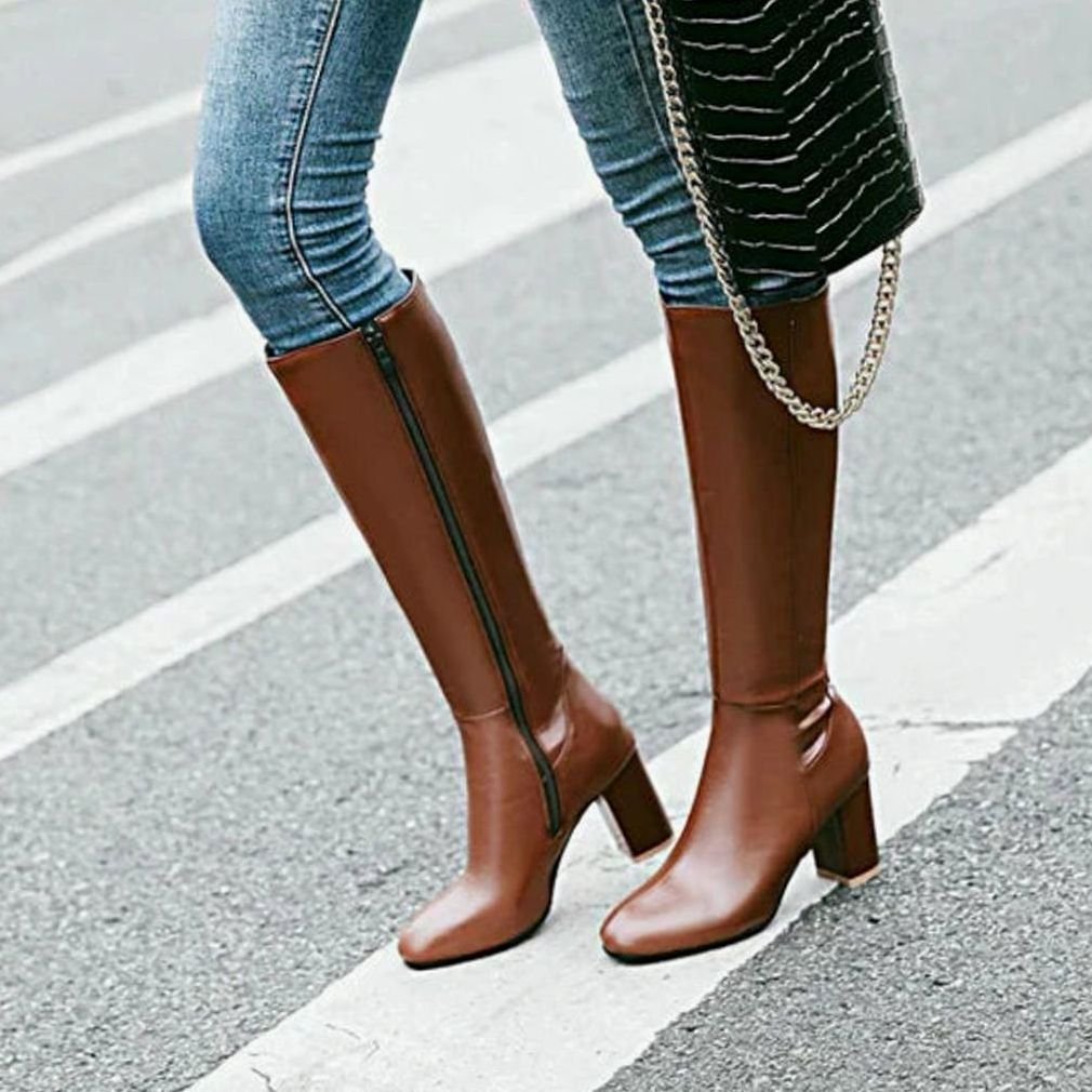 Women's Tall Block-Heeled Zip Boots for Skirts and Dresses